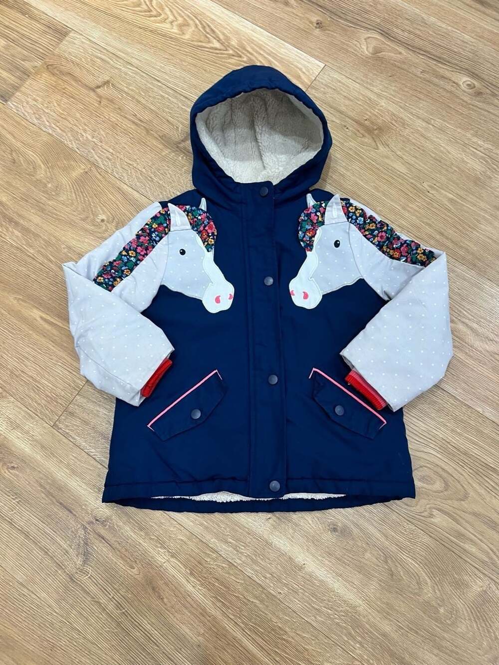 Mini Boden Sherpa Lined Anorak Size 5-6Y Blue Horse Appliqué Jacket